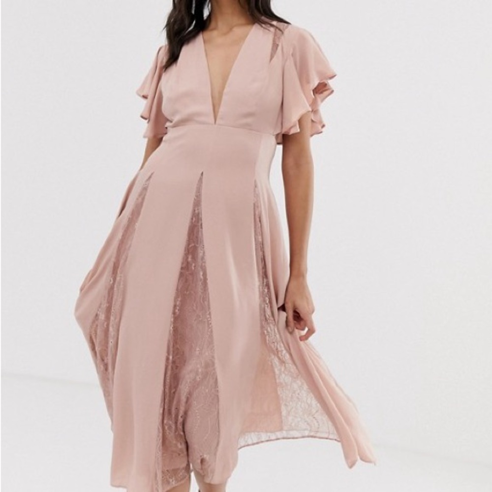 Pink ASOS Design Midi Dress with Lace Gadot Panels